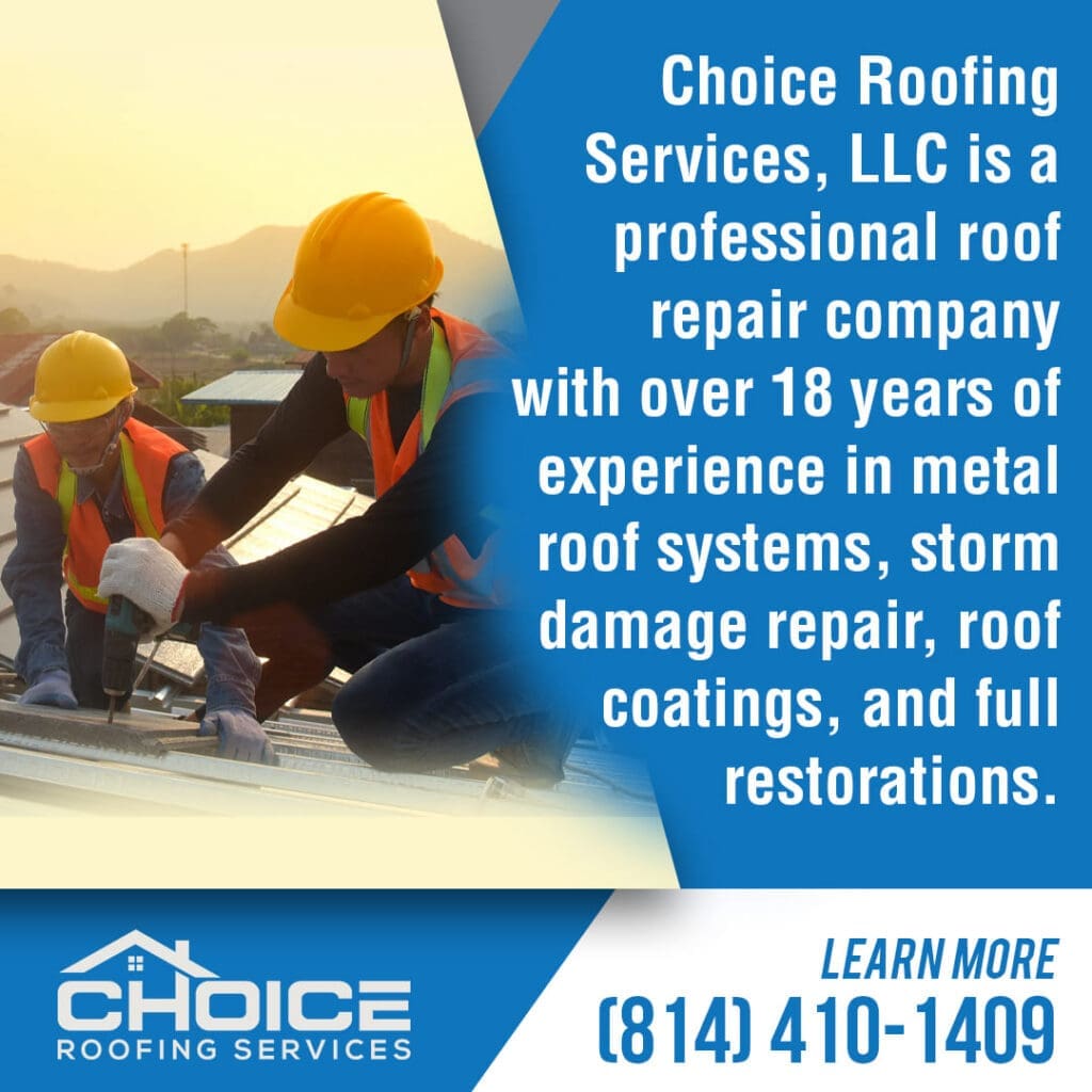 Two roofing contractors in hard hats and safety vests work on a metal roof, demonstrating professional experience in roof repair.