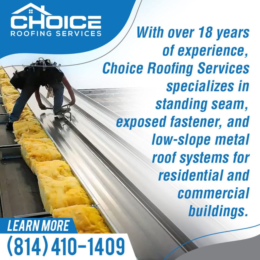 A roofer securing metal roofing panels with insulation visible underneath