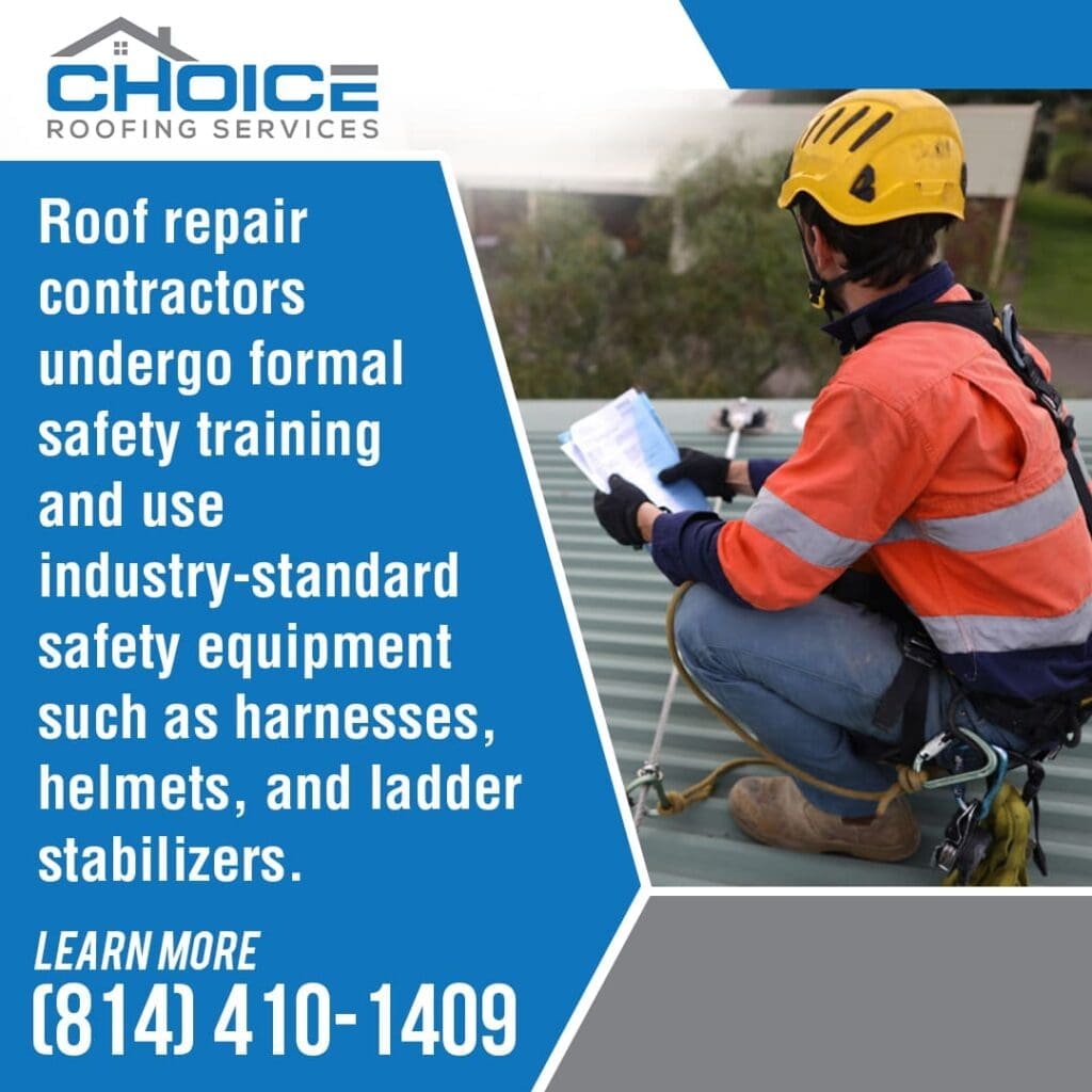 A roofing contractor in a yellow helmet and safety harness reviews documents while kneeling on a metal roof, showcasing adherence to safety protocols.