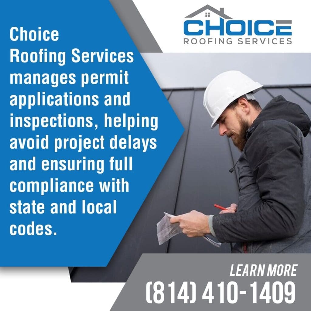 A roofing contractor in a white hard hat examines documents on a dark metal roof, representing efficient management of permits and inspections.