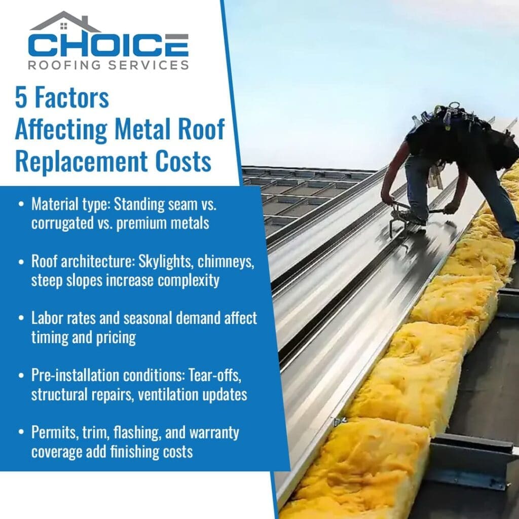 A roofer works on installing insulation and metal panels on a roof, with the "Choice Roofing Services" logo prominently displayed. A blue text box lists "5 Factors Affecting Metal Roof Replacement Costs," with bullet points detailing material type, roof architecture, labor, pre-installation, and finishing costs.