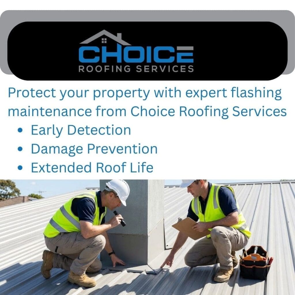Two roofing technicians in hard hats and safety vests inspect the flashing around a metal chimney on a standing seam metal roof, emphasizing expert flashing maintenance for early leak detection, damage prevention, and extended roof life.