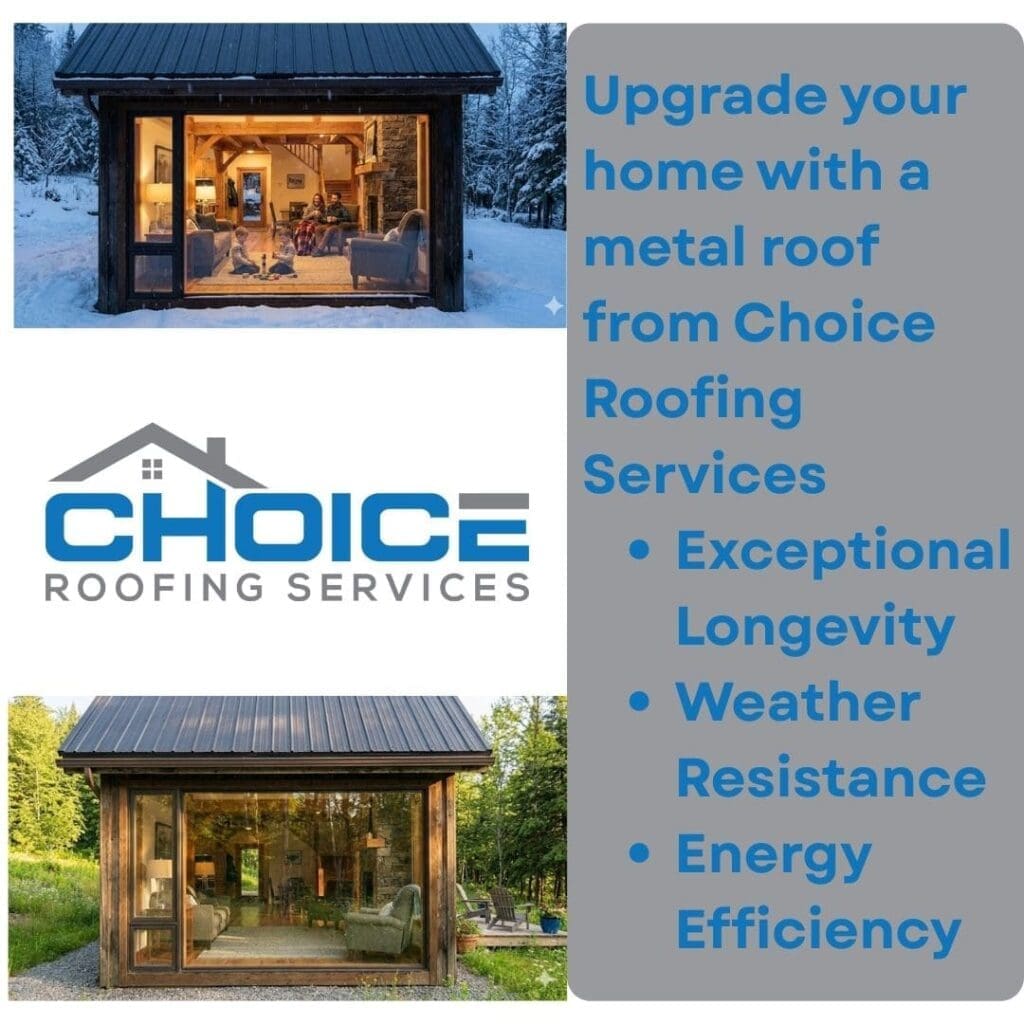 A split image showing the exterior and interior of a modern cabin with a standing seam metal roof, highlighting the benefits of upgrading to a metal roof: exceptional longevity, weather resistance, and energy efficiency.