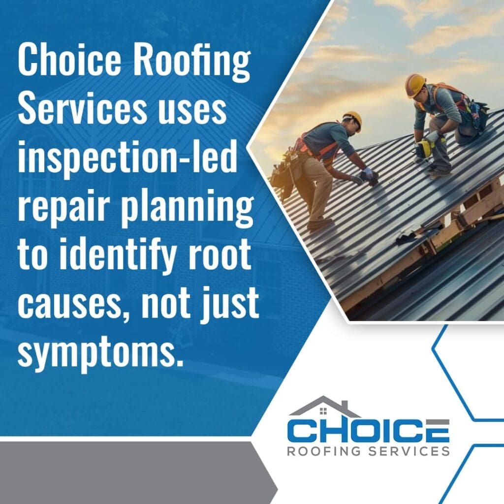 A promotional graphic for Choice Roofing Services featuring two contractors working on a metal roof. The overlaying text states that the company "uses inspection-led repair planning to identify root causes, not just symptoms.