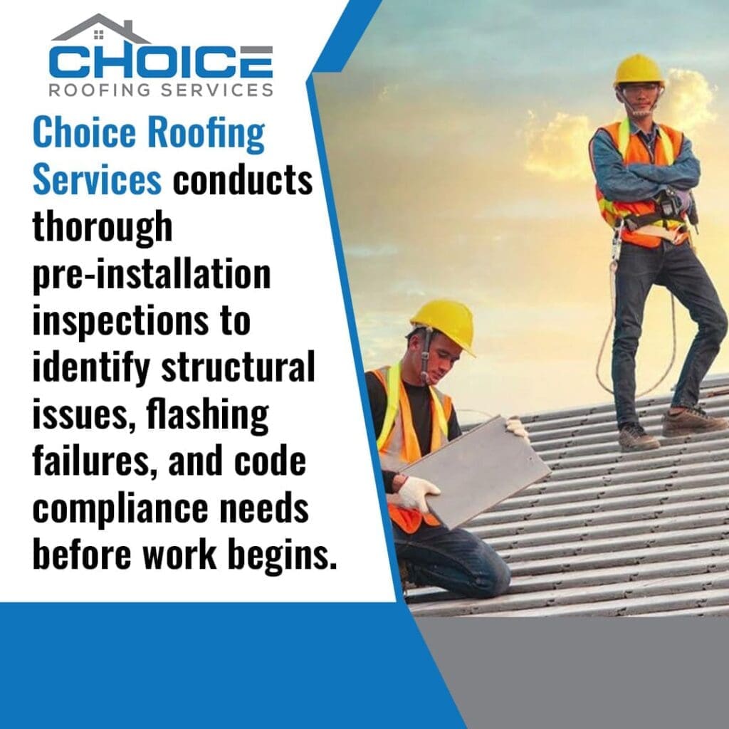 An informational graphic for Choice Roofing Services featuring two construction workers in hard hats and safety vests on a roof at sunset.