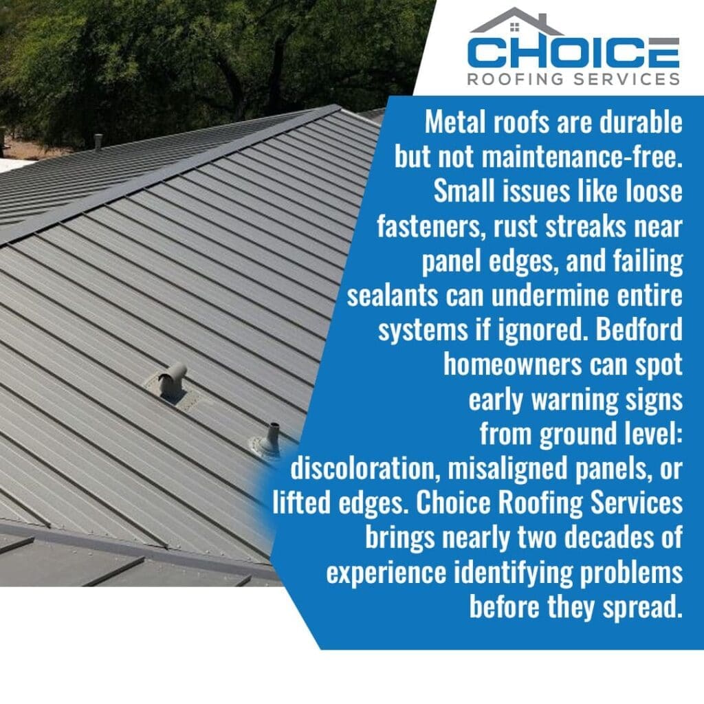A Choice Roofing Services infographic about metal roof maintenance. It features a close-up of a gray standing seam metal roof with vents, detailing how small issues like loose fasteners or rust streaks can escalate and how homeowners can spot early warning signs.