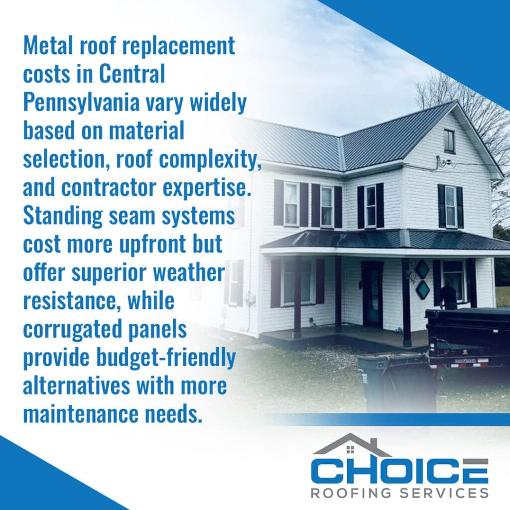 A white farmhouse with a new dark metal roof and black shutters is visible. In the foreground, there's a dumpster. A blue text box on the left explains that metal roof replacement costs in Central Pennsylvania vary based on material, complexity, and contractor expertise. The "Choice Roofing Services" logo is at the bottom.
