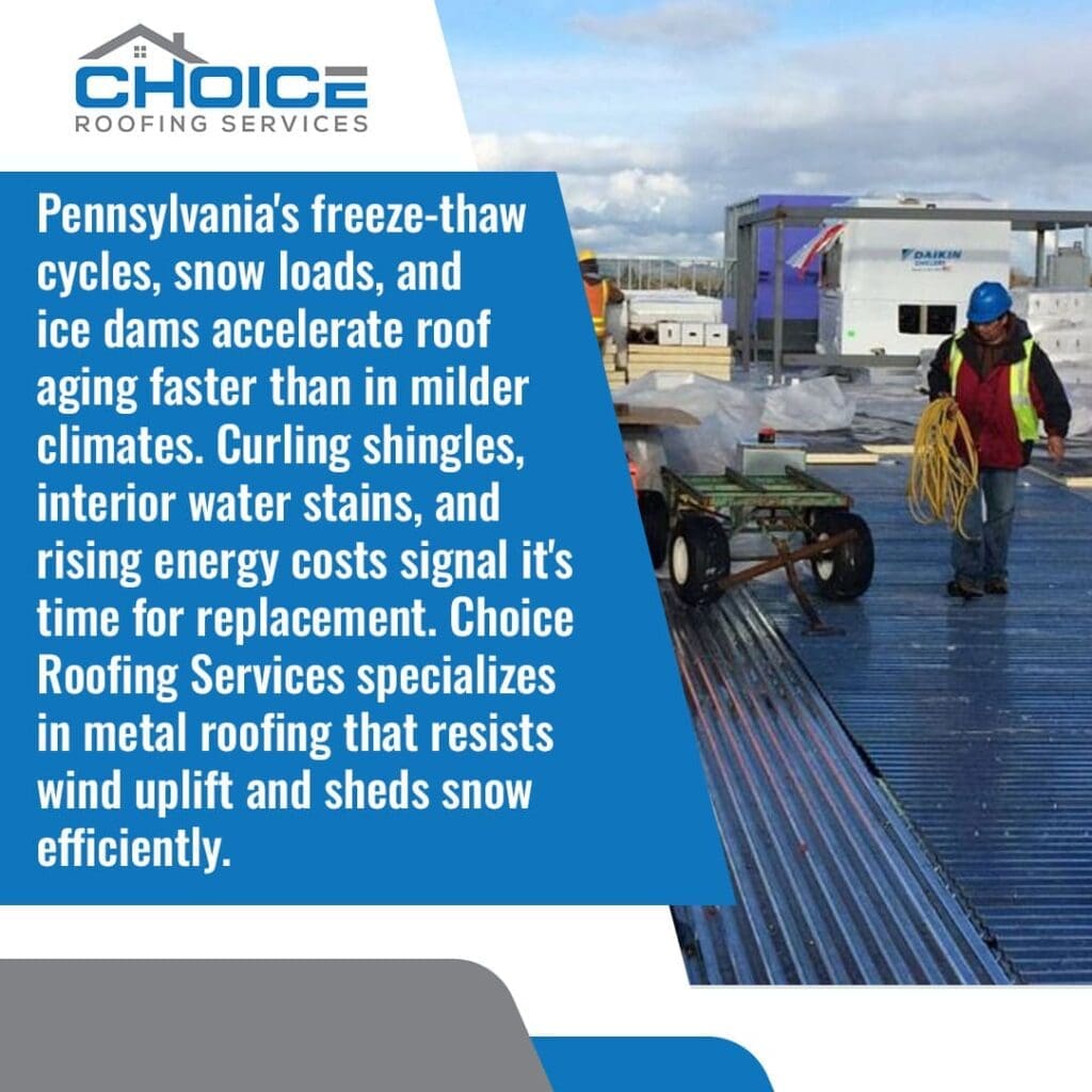 A Choice Roofing Services infographic explaining how Pennsylvania's weather affects roofs. It shows a roofer on a large commercial-style metal roof with equipment, holding a coil of yellow rope, discussing how freeze-thaw cycles and snow loads accelerate roof aging.