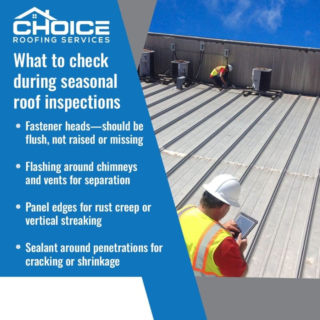 A Choice Roofing Services infographic on seasonal roof inspections. It shows two roofers on a large gray metal roof under a blue sky, checking fasteners, flashing, panel edges, and sealant for issues like rust or cracking.