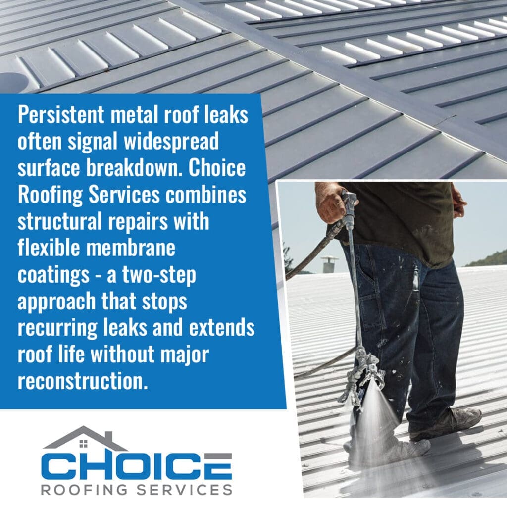 A close-up shot of a worker applying a white liquid coating to a metal roof with a spray gun. To the left, a blue text box describes how Choice Roofing Services combines structural repairs with flexible membrane coatings to stop leaks.