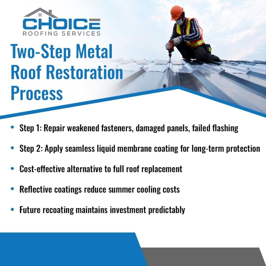 A roofer in an orange hard hat and safety vest uses a power tool on a metal roof. Overlaying the image is the "Choice Roofing Services" logo and text that reads "Two-Step Metal Roof Restoration Process" with bullet points detailing the steps and benefits.